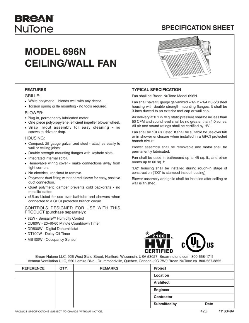 Broan 696N cut sheet — first page