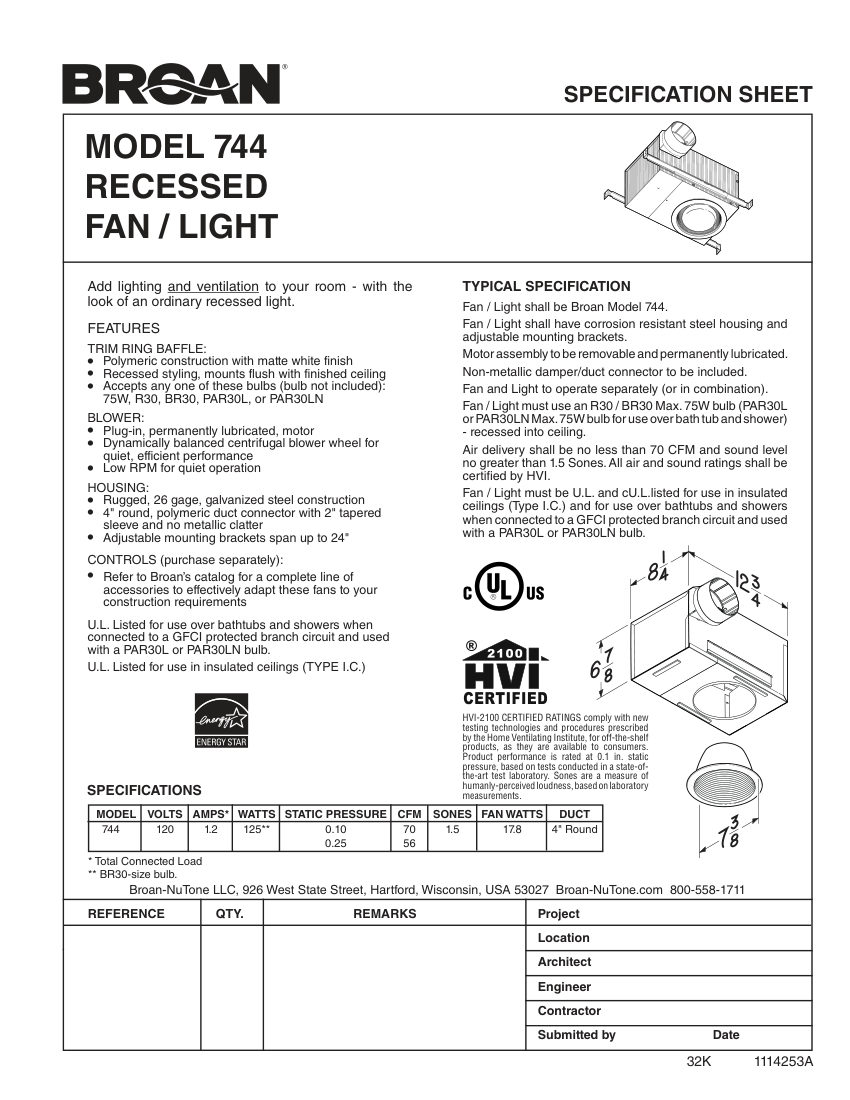 Broan 744 cut sheet — first page