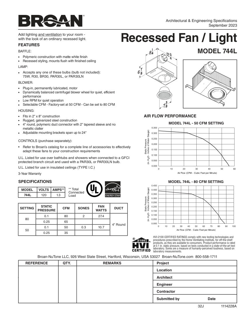 Broan 744L cut sheet — first page