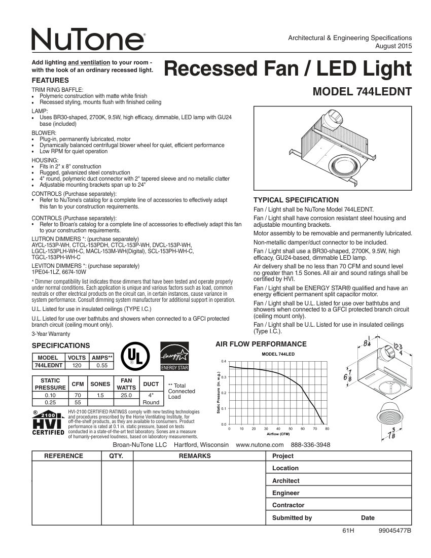 Broan 744LEDNT cut sheet — first page