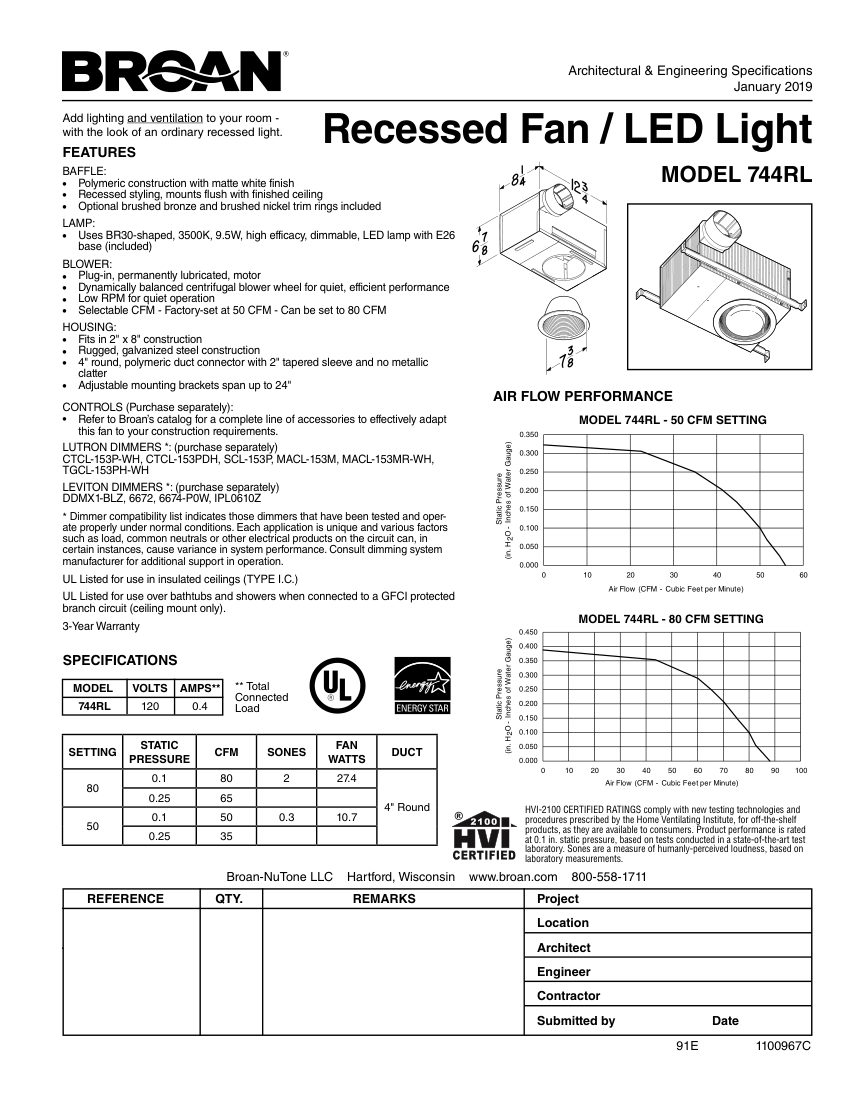 Broan 744RL cut sheet — first page