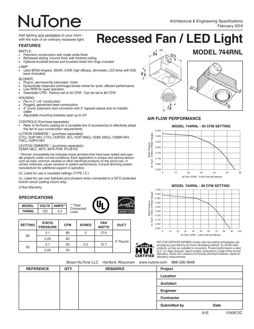Broan 744RNL cut sheet — first page