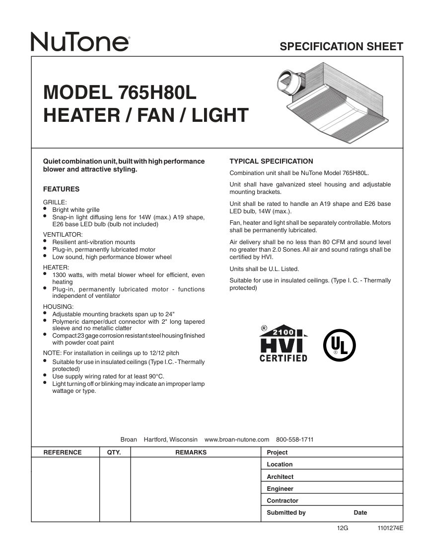Broan 765H80L cut sheet — first page
