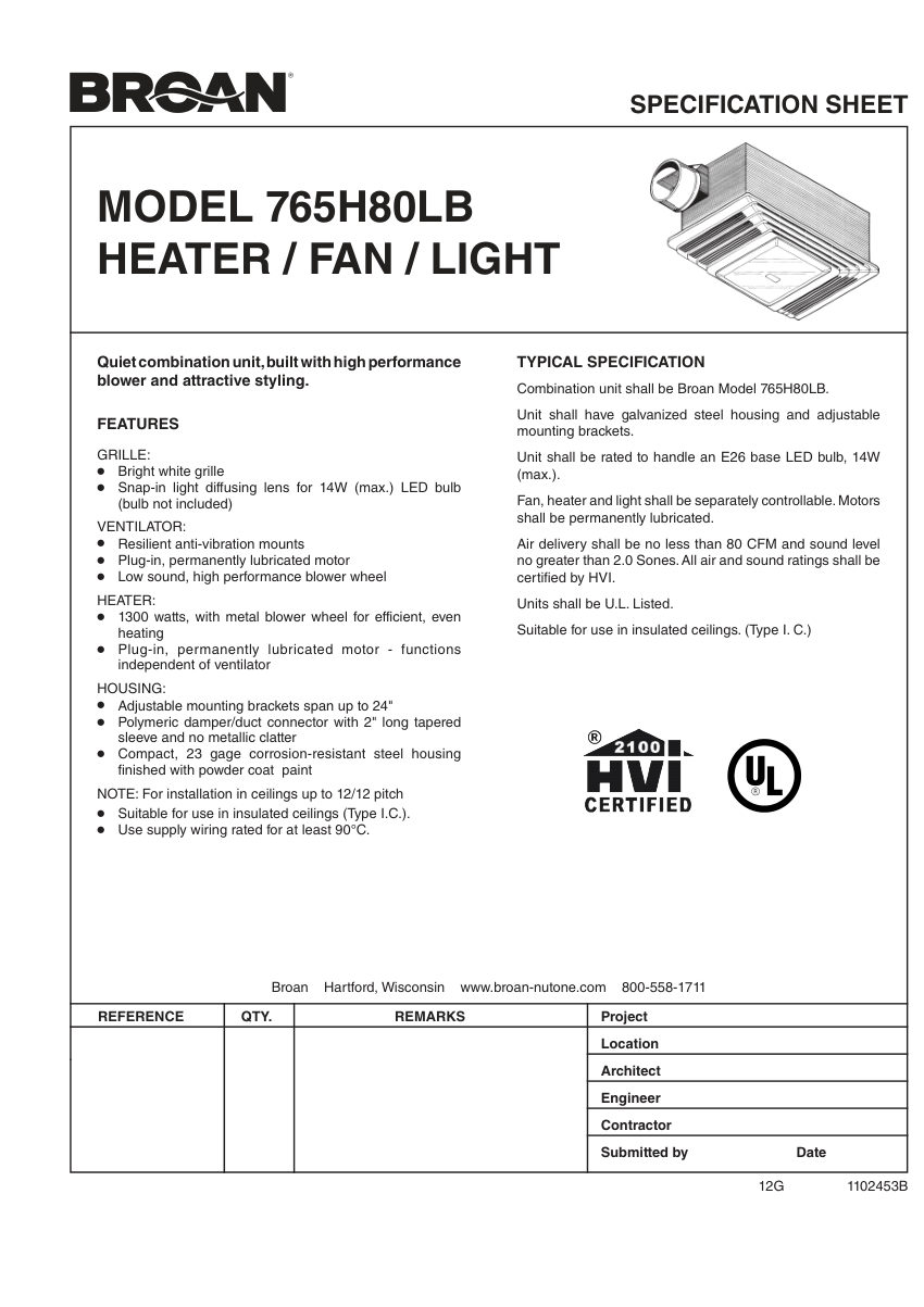 Broan 765H80LB cut sheet — first page