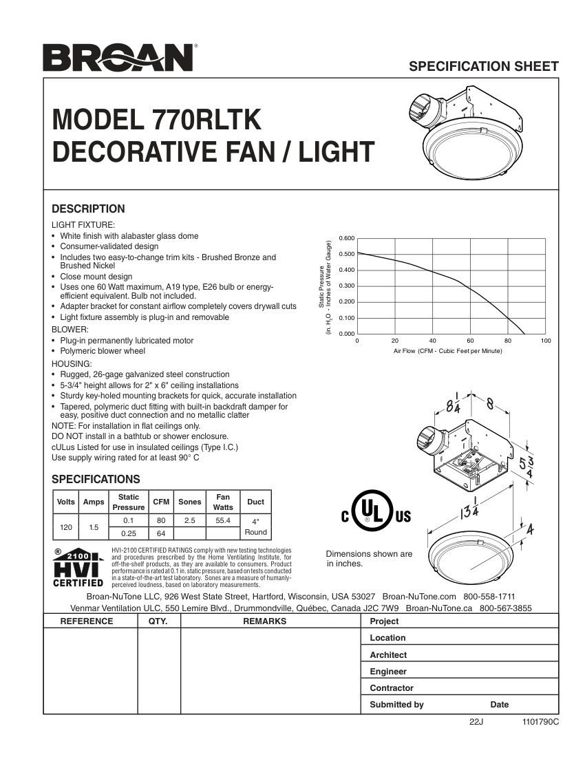 Broan 770RLTK cut sheet — first page
