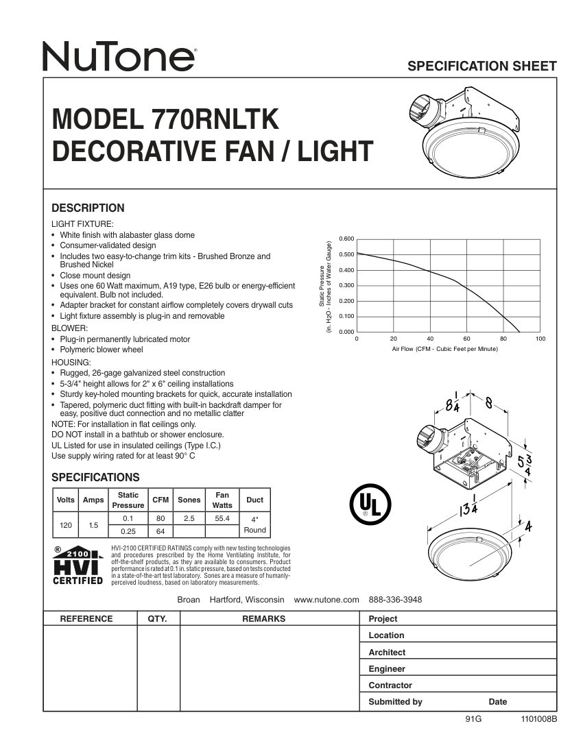 Broan 770RNLTK cut sheet — first page
