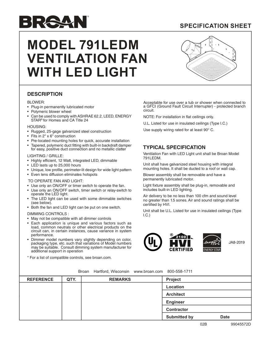 Broan 791LEDM cut sheet — first page