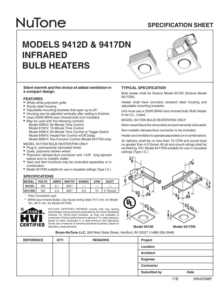 Broan 9412D cut sheet — first page