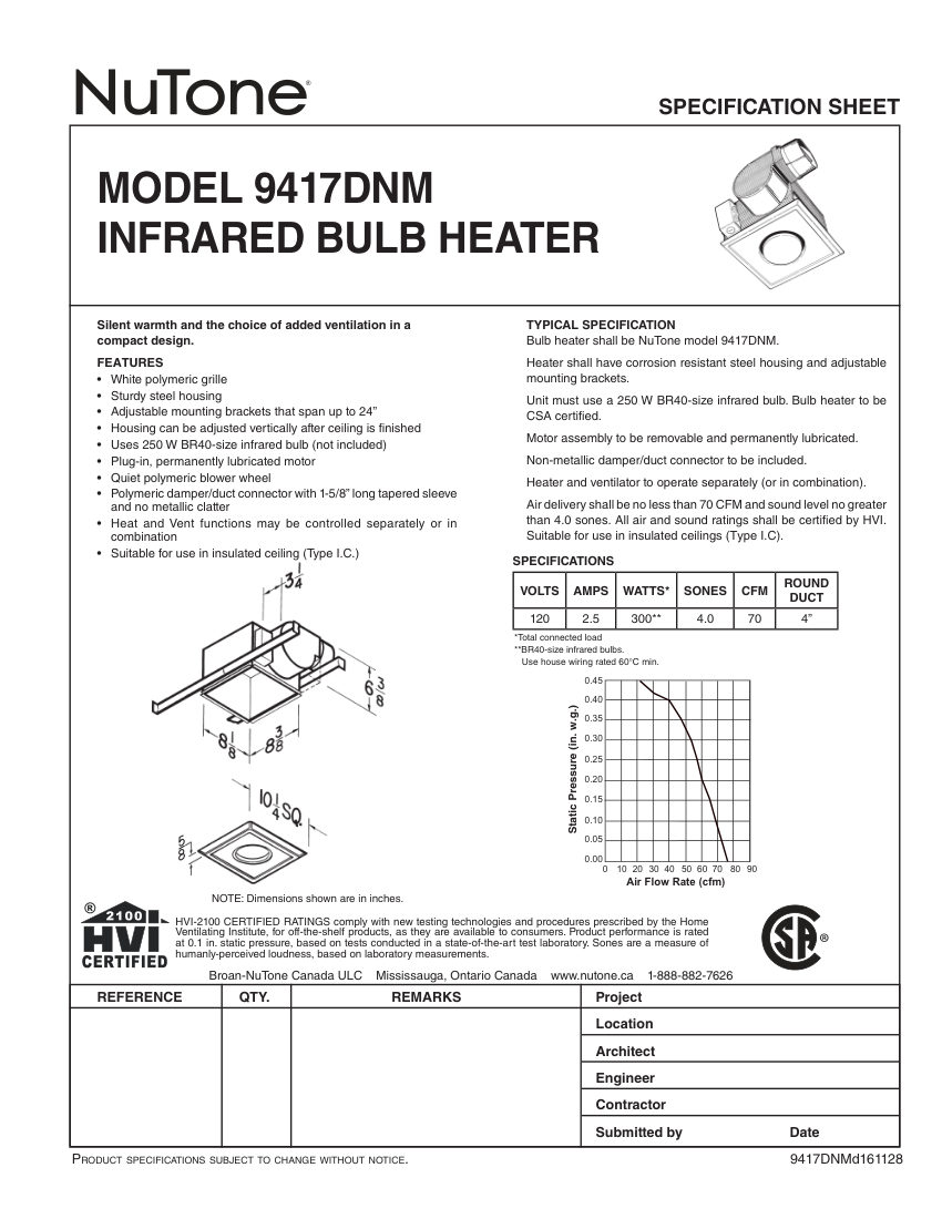 Broan 9417DNM cut sheet — first page
