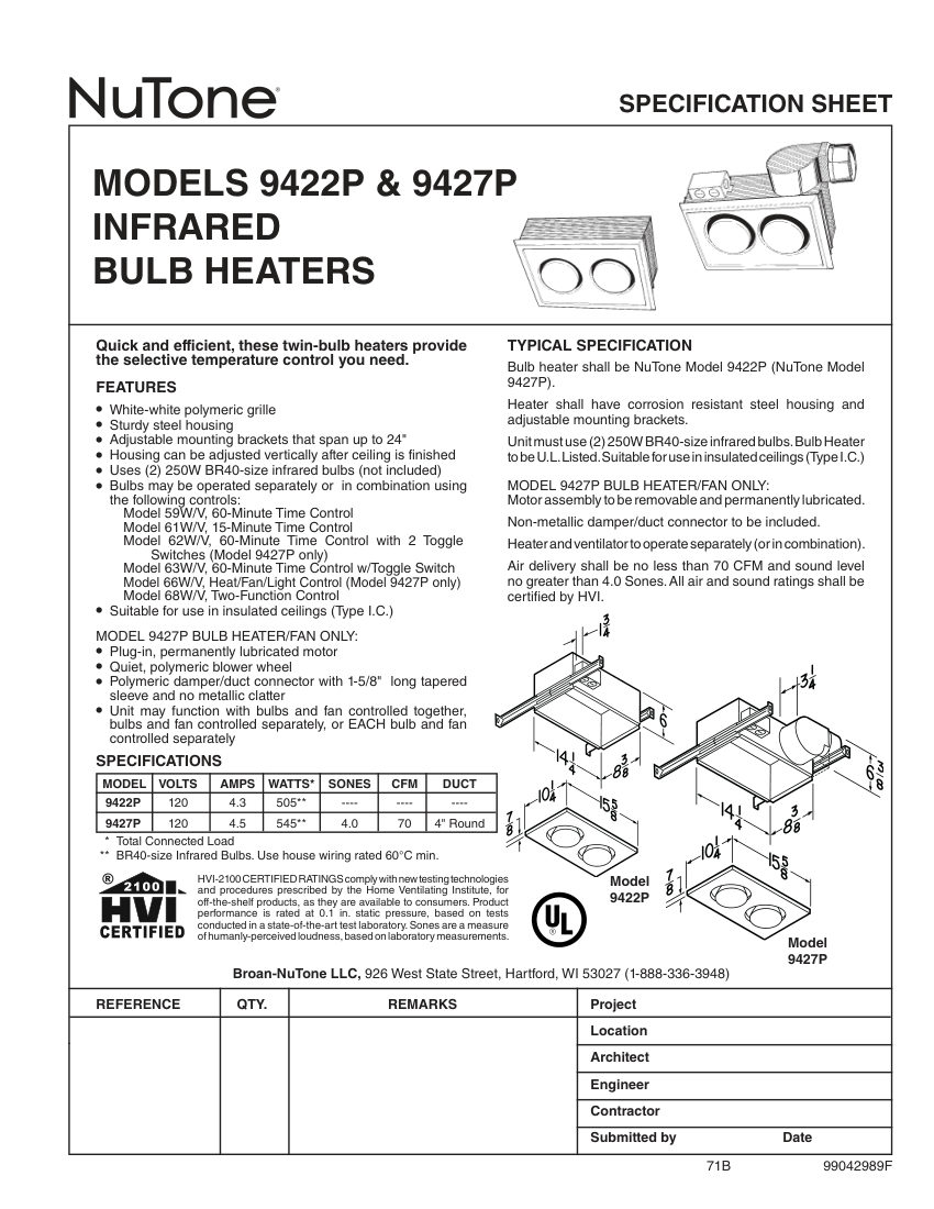 Broan 9422P cut sheet — first page