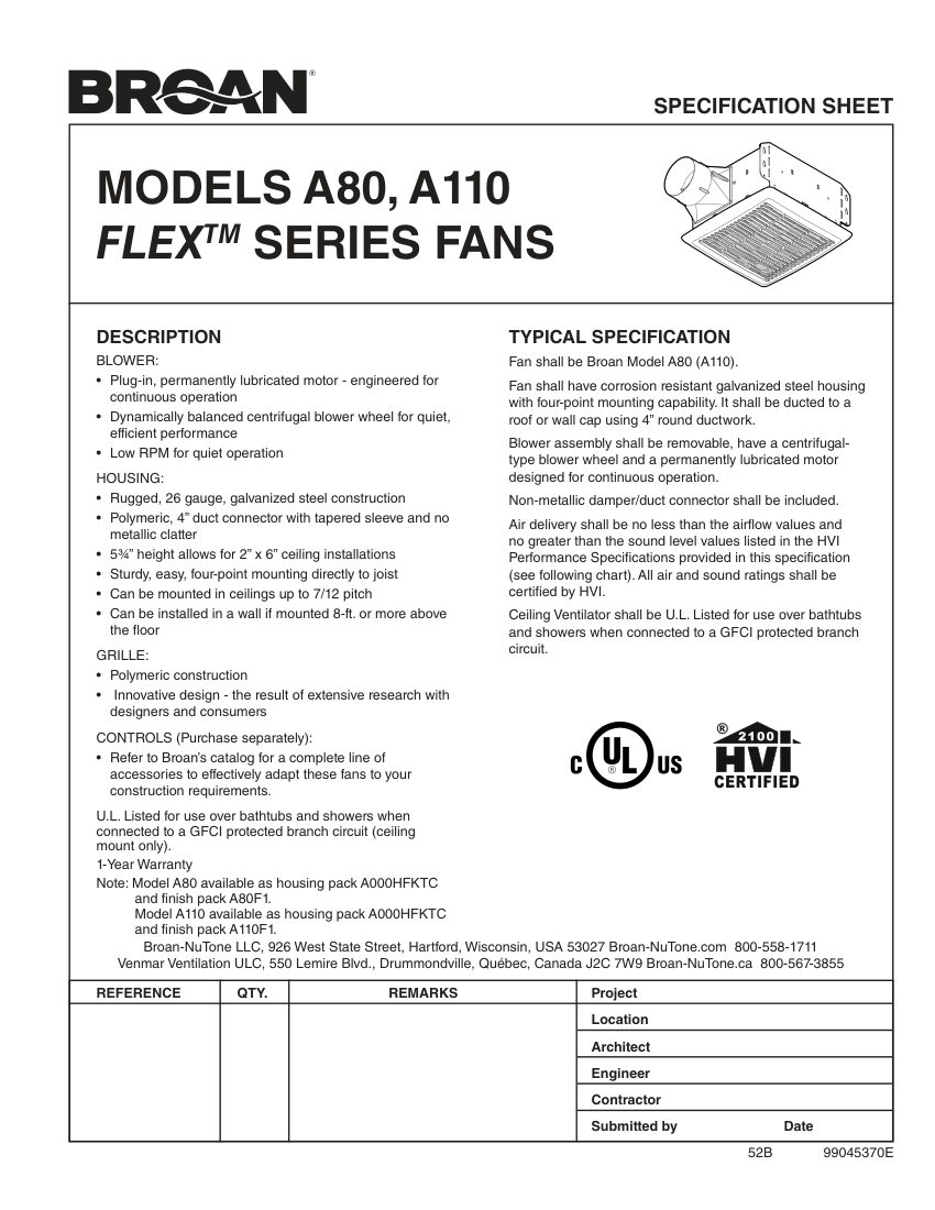Broan A110 cut sheet — first page