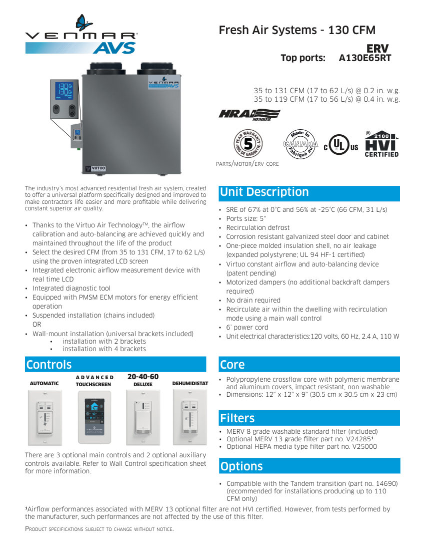 Broan A130E65RS cut sheet — first page