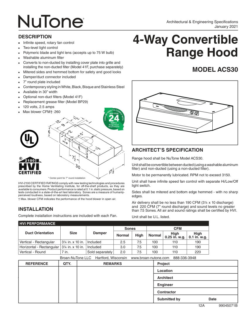 Broan ACS30BC cut sheet — first page