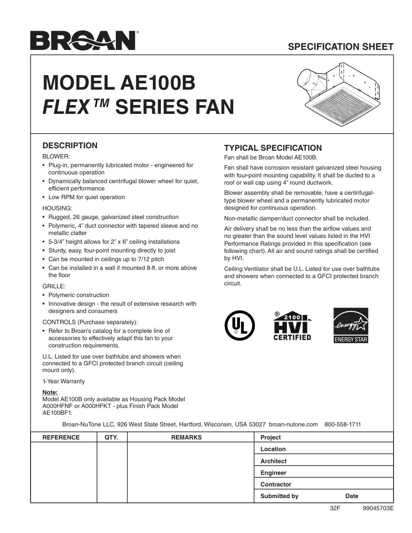 Broan AE100BF1 cut sheet — first page