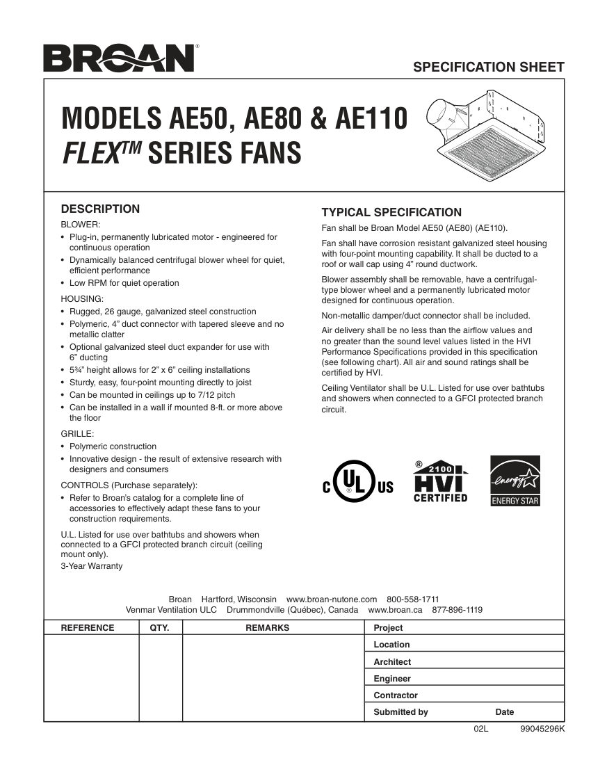 Broan AE110 cut sheet — first page
