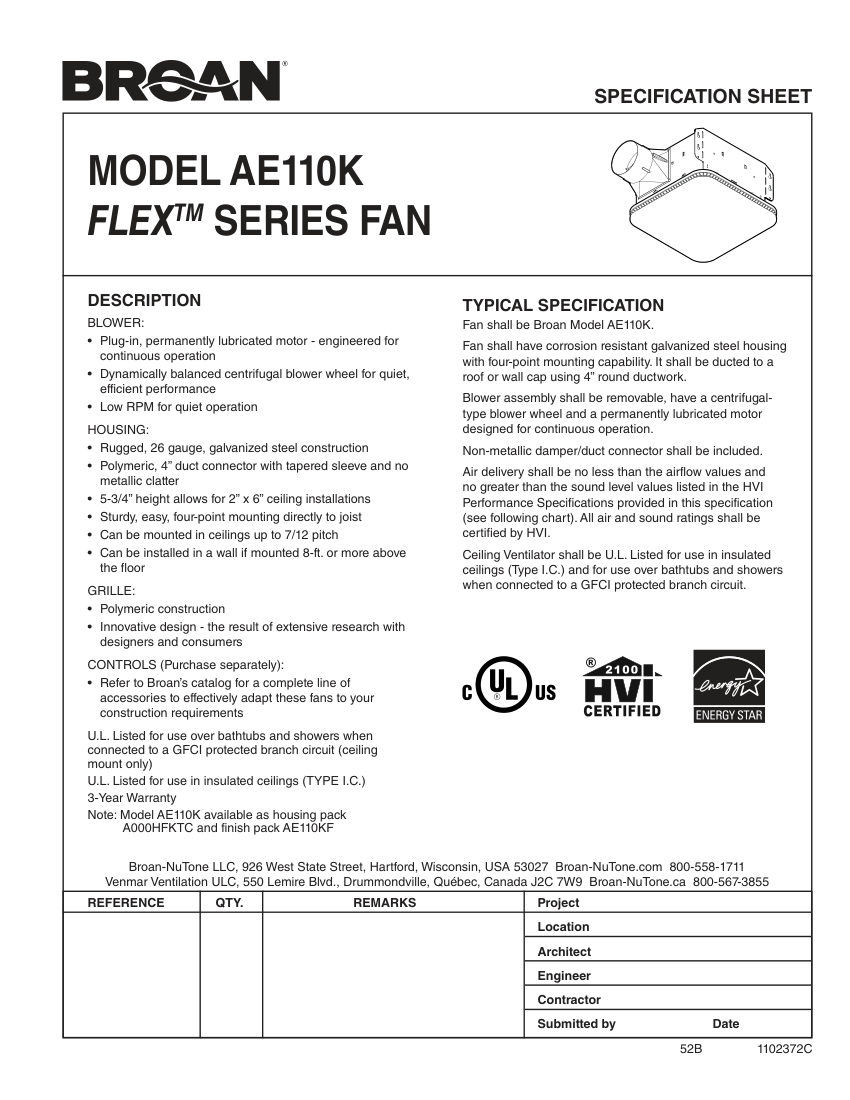 Broan AE110KF cut sheet — first page