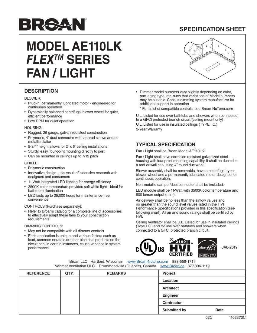 Broan AE110LK cut sheet — first page