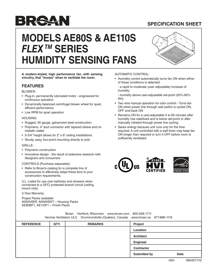 Broan AE110S cut sheet — first page