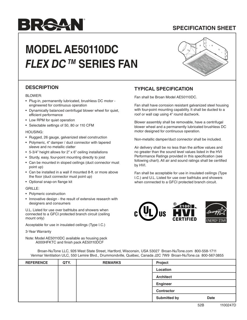 Broan AE50110DCF cut sheet — first page