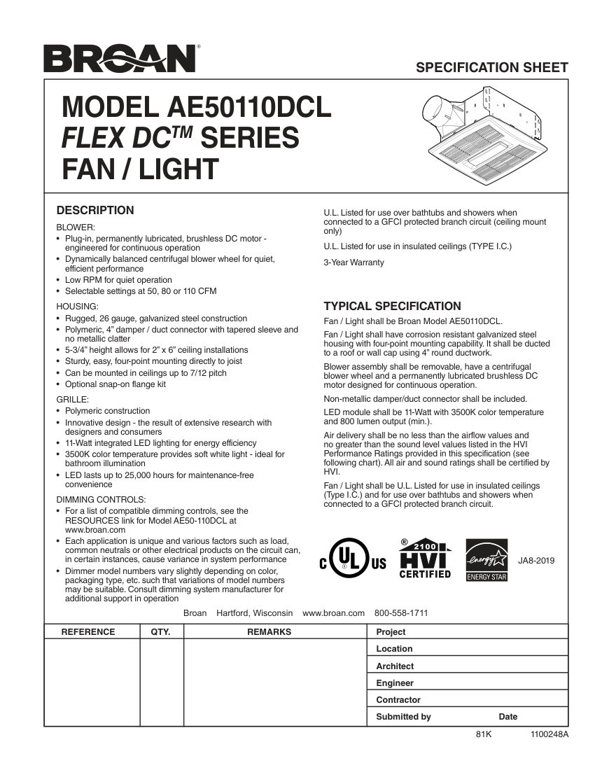 Broan AE50110DCLF cut sheet — first page