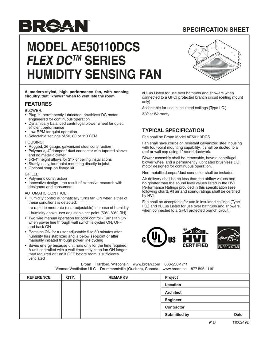Broan AE50110DCS cut sheet — first page