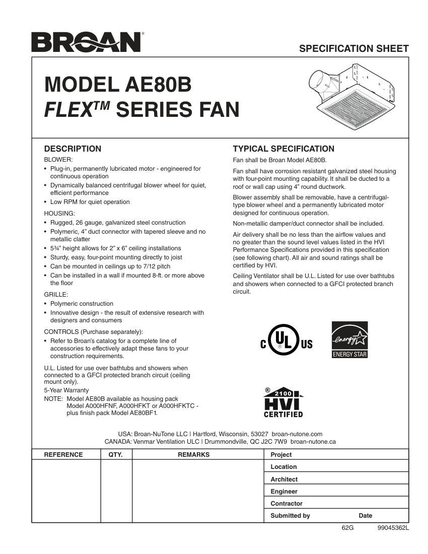 Broan AE80B cut sheet — first page