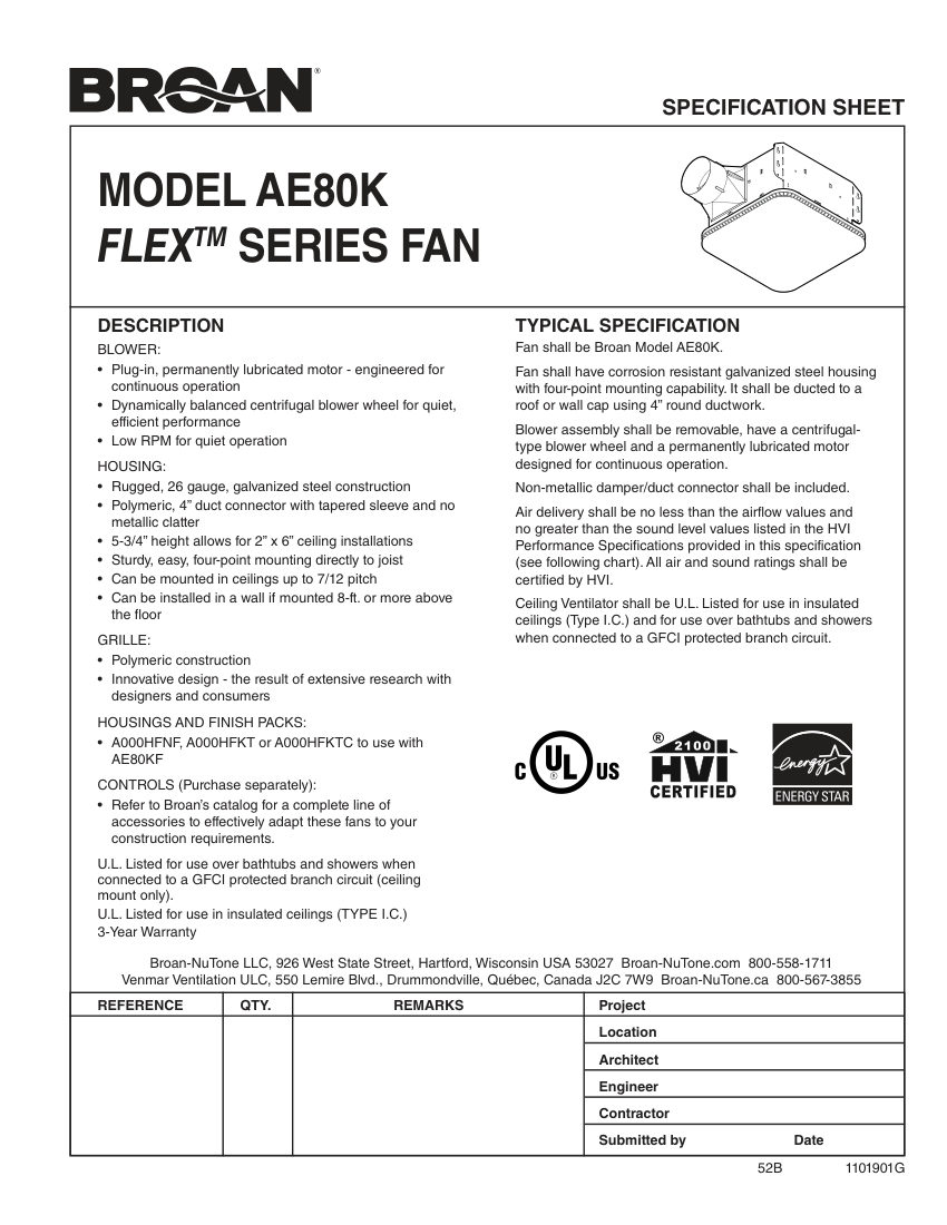 Broan AE80K cut sheet — first page