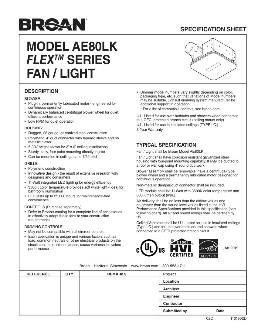 Broan AE80LK cut sheet — first page