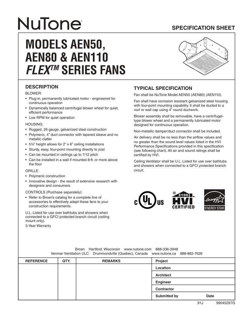 Broan AEN50 cut sheet — first page