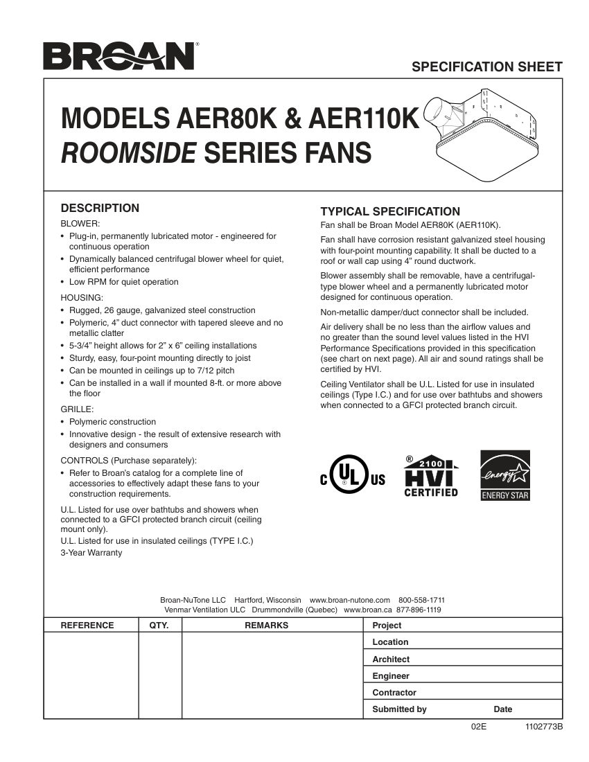 Broan AER110K cut sheet — first page