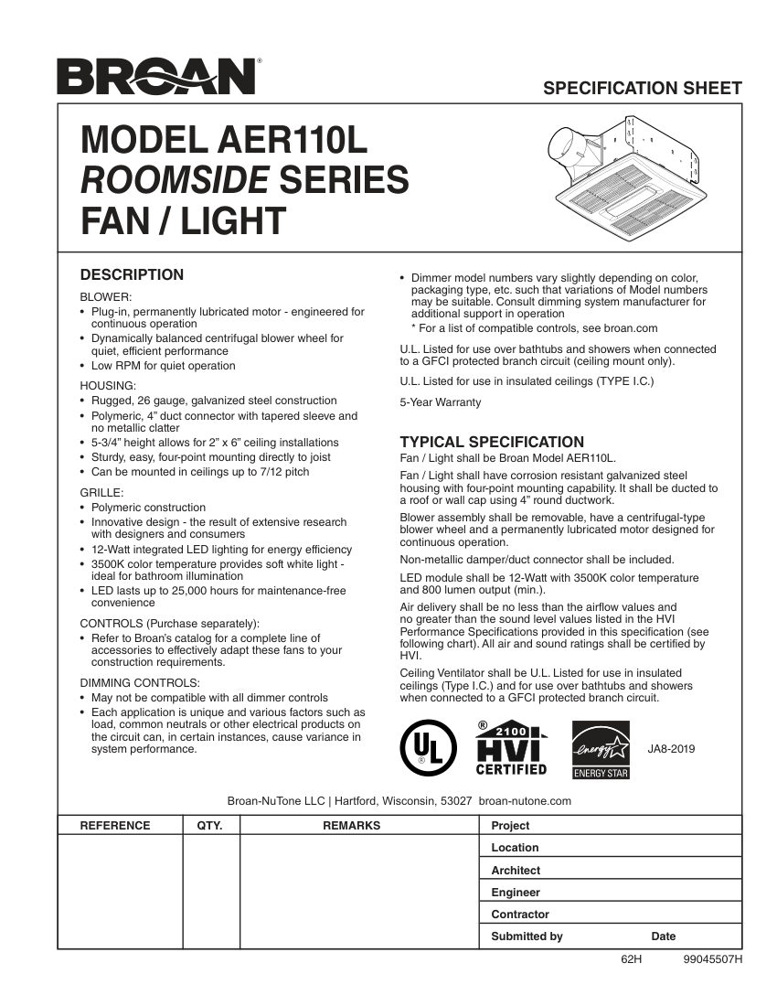 Broan AER110L cut sheet — first page
