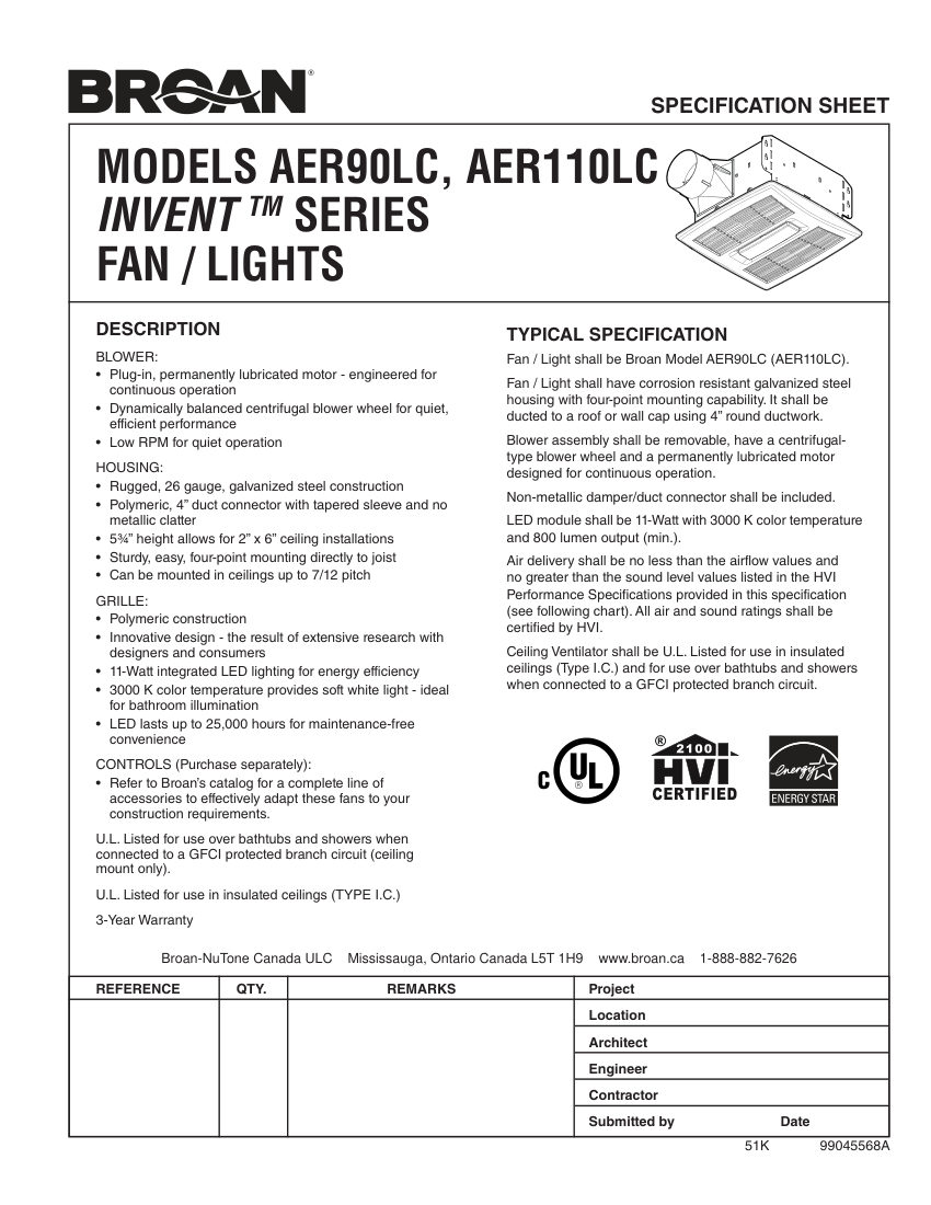 Broan AER110LC cut sheet — first page