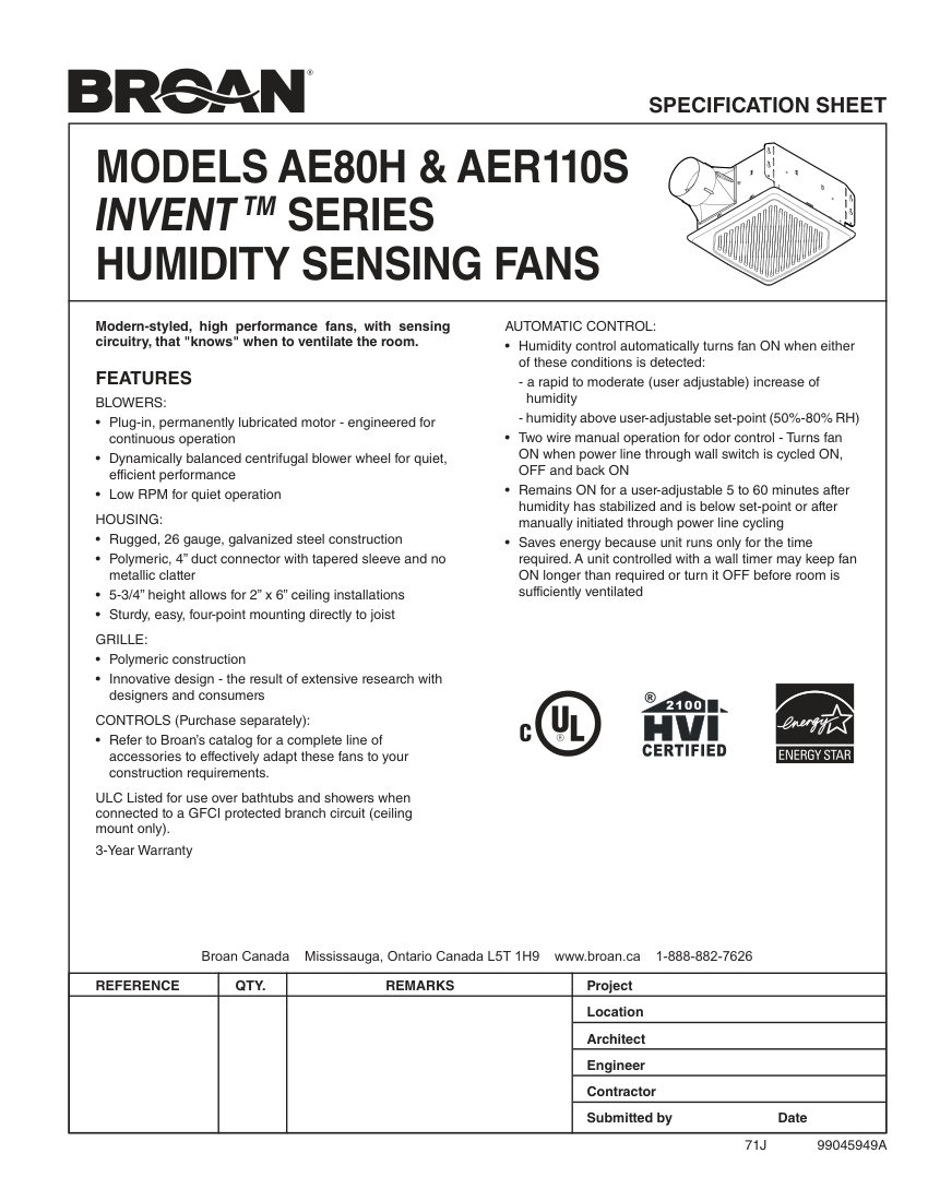Broan AER110S cut sheet — first page
