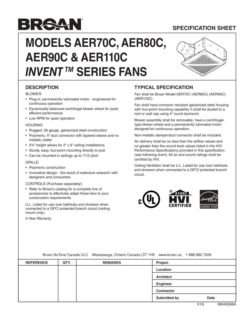 Broan AER70C cut sheet — first page