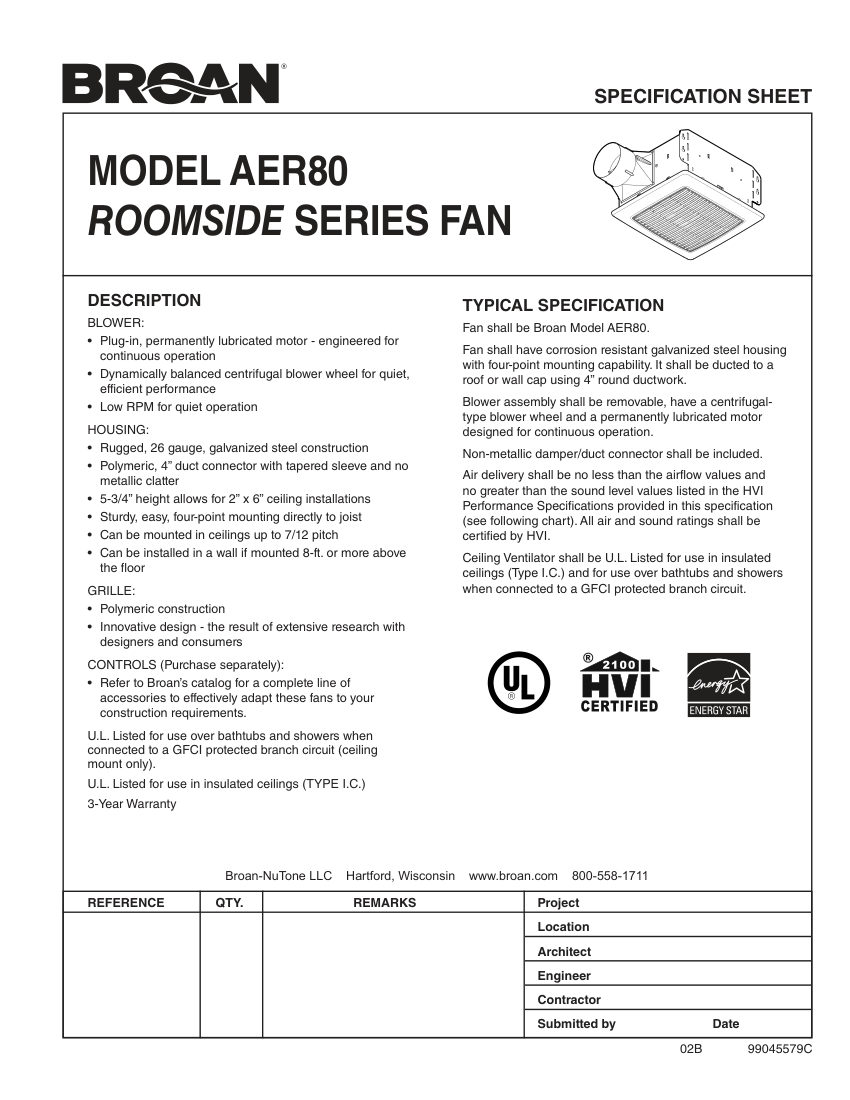 Broan AER80 cut sheet — first page