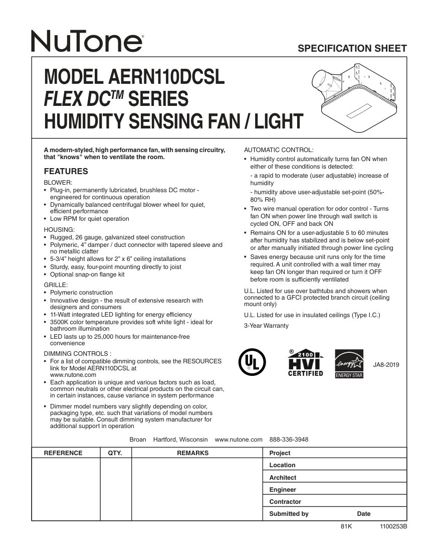 Broan AERN110DCSL cut sheet — first page