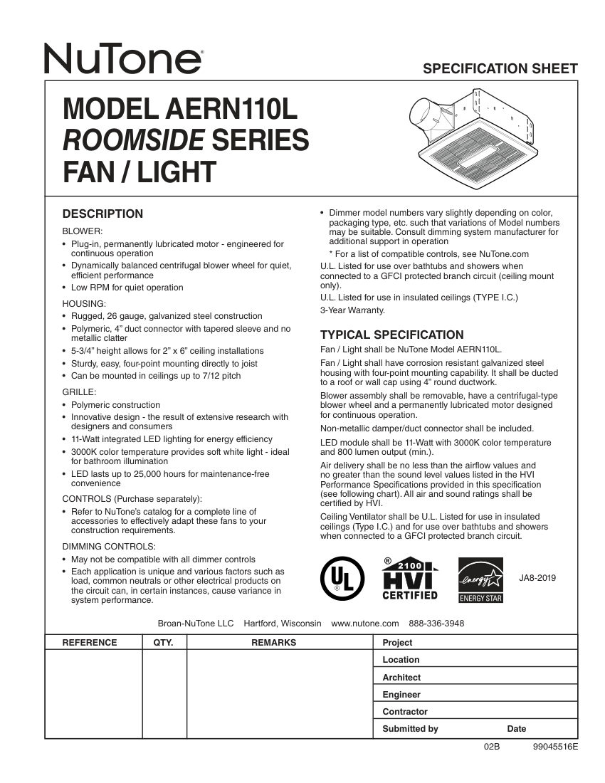 Broan AERN110L cut sheet — first page