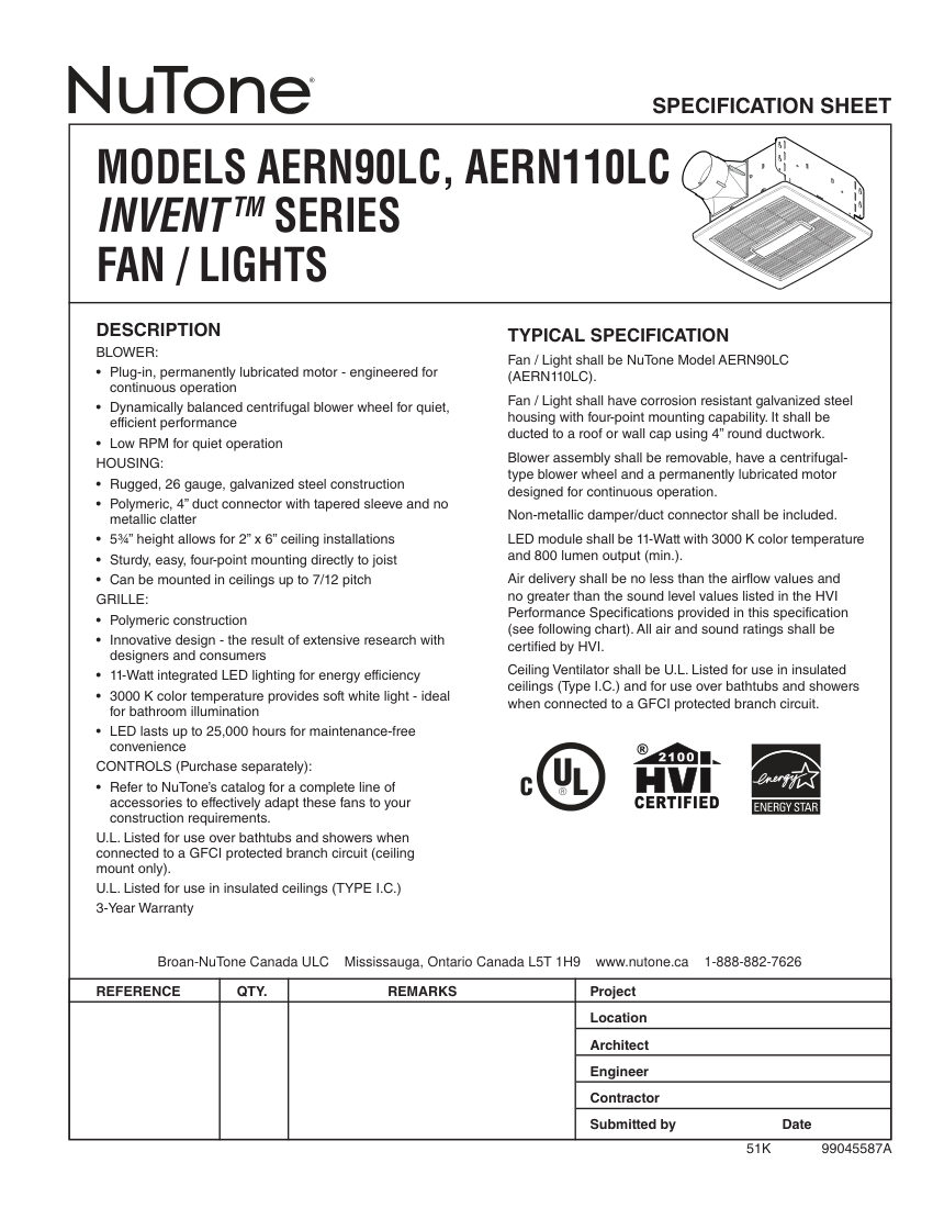 Broan AERN110LC cut sheet — first page