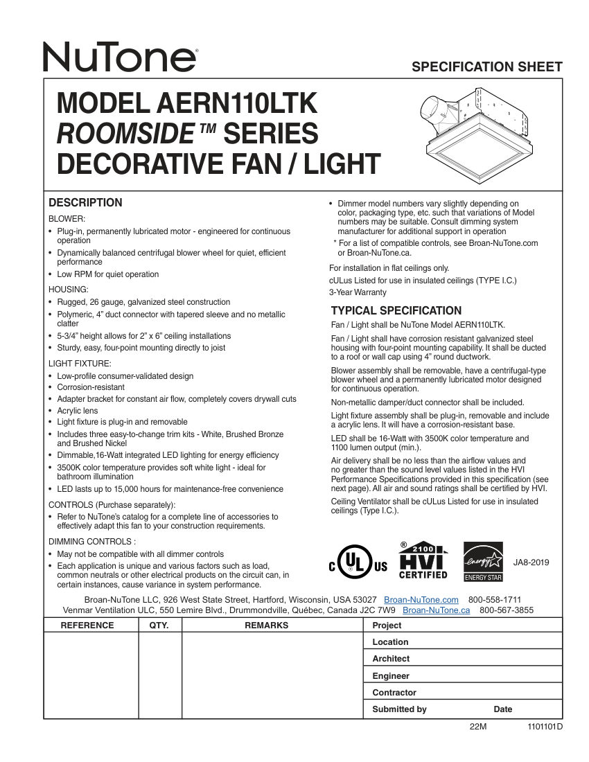 Broan AERN110LTK cut sheet — first page