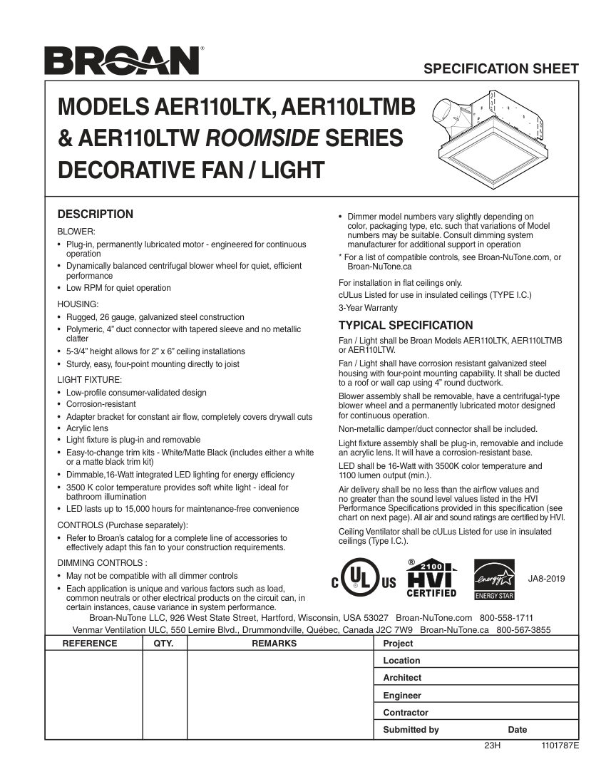 Broan AERN110LTW cut sheet — first page