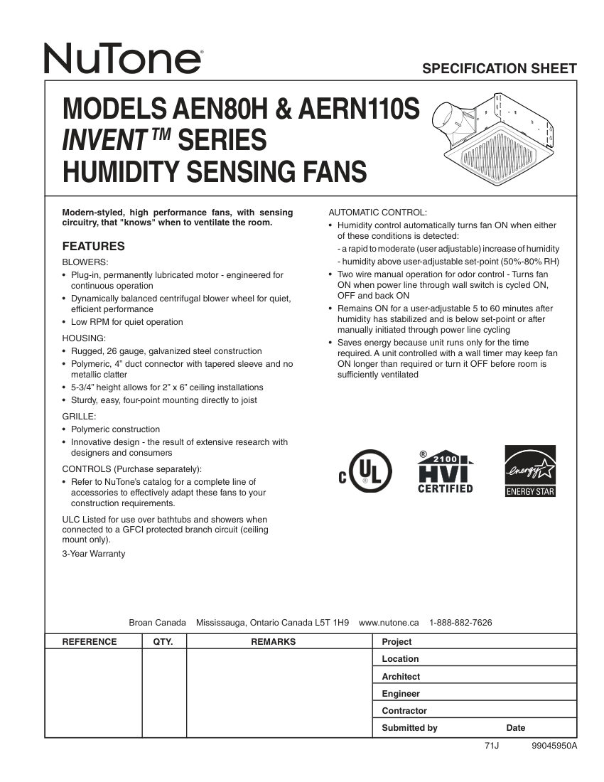 Broan AERN110S cut sheet — first page