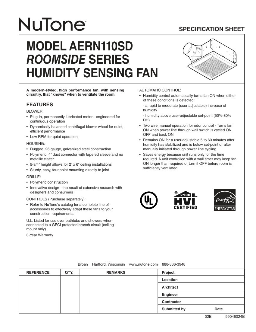 Broan AERN110SD cut sheet — first page
