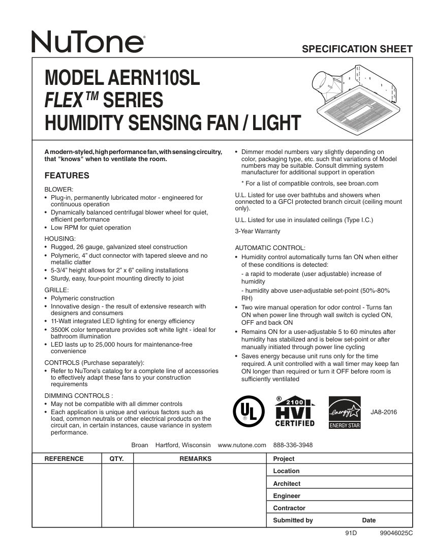 Broan AERN110SL cut sheet — first page