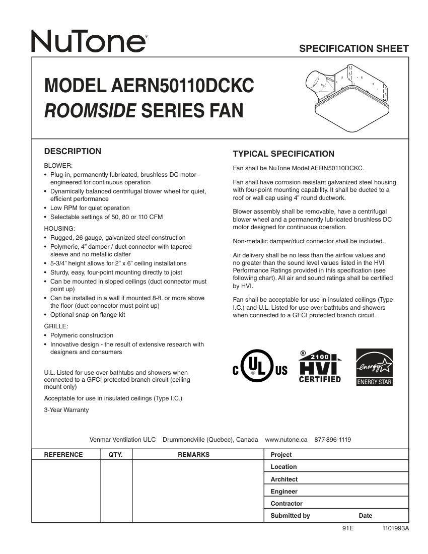 Broan AERN50110DCKC cut sheet — first page