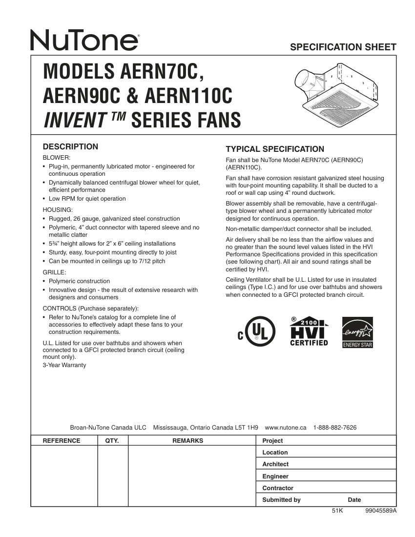 Broan AERN70C cut sheet — first page