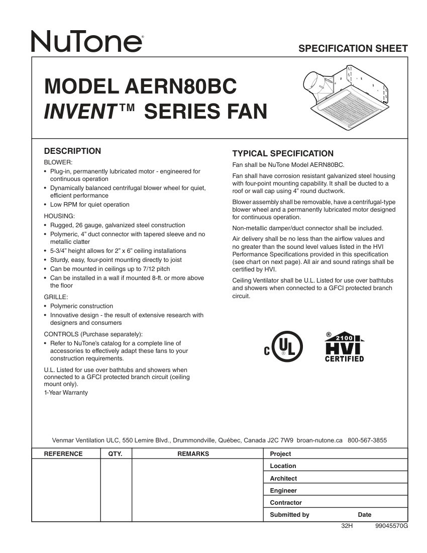 Broan AERN80BC cut sheet — first page