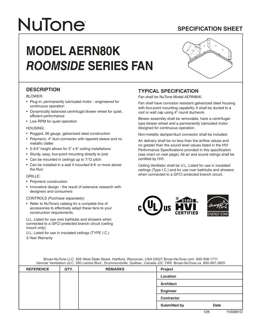 Broan AERN80K cut sheet — first page