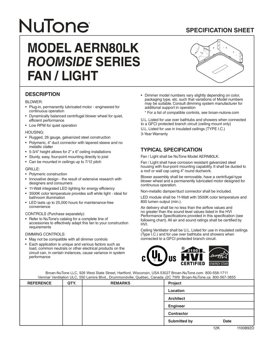 Broan AERN80LK cut sheet — first page