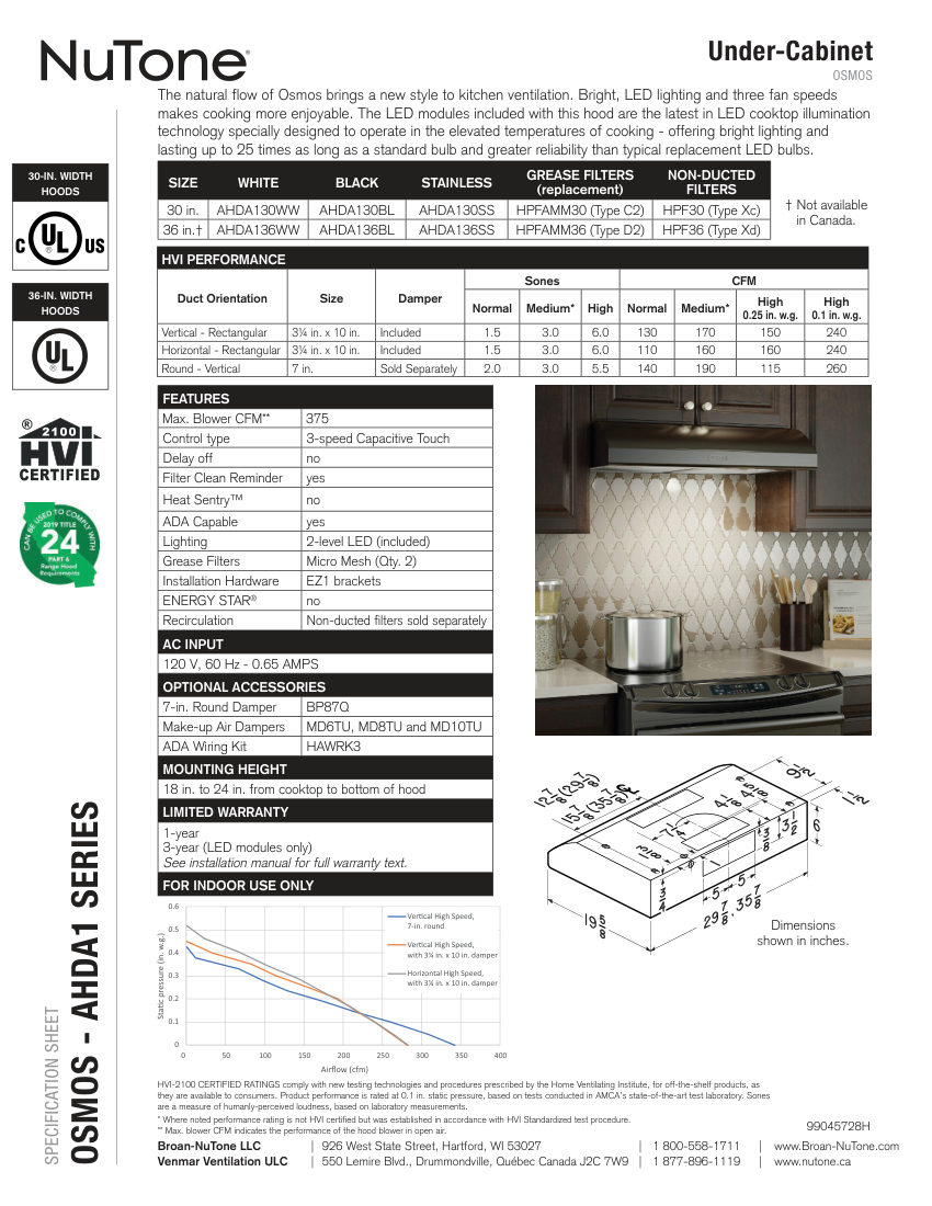 Broan AHDA130WW cut sheet — first page