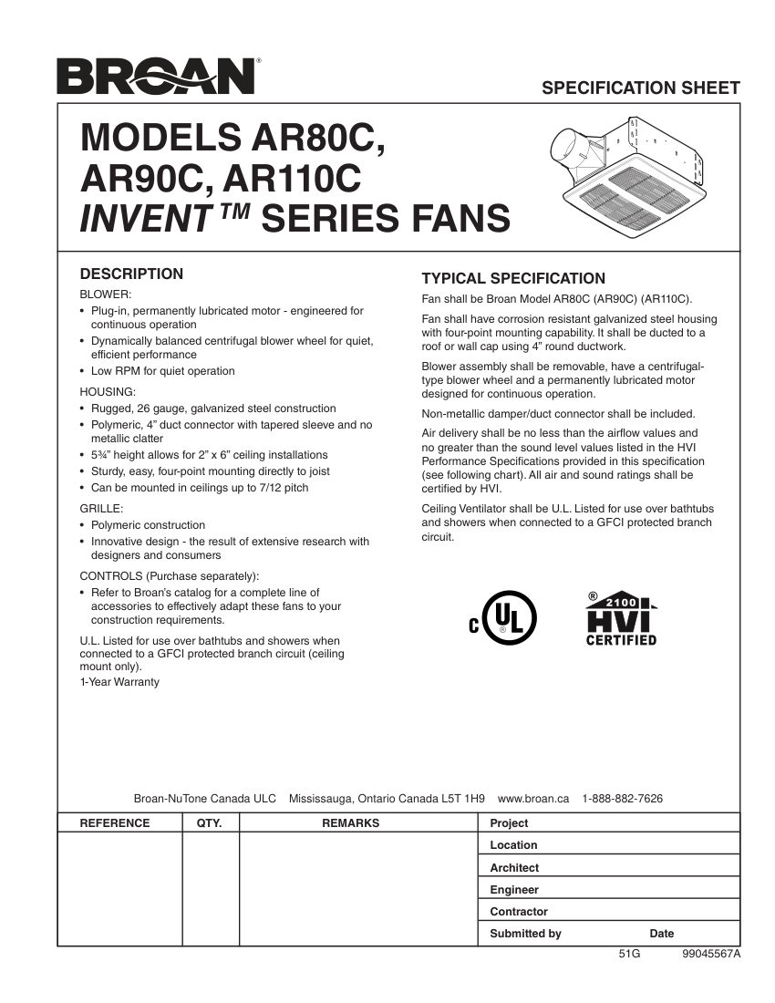 Broan AR110C cut sheet — first page